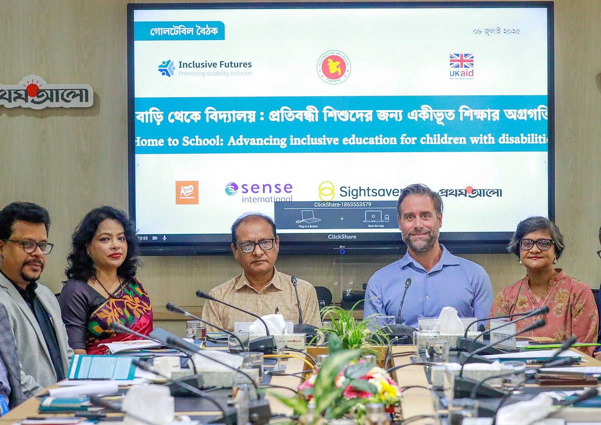(Left to right)  Saidur Rahman Khan, Amrita Rejina Rozario, Bidhan Ranjan Roy Podder, Hamish Higginson and Tahera Jabeen at a roundtable titled "Home to School: Advancing inclusive education for children with disabilities" at Prothom Alo's Karwan Bazar office in Dhaka on 8 July 2025.
