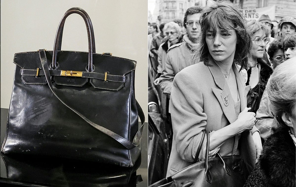 This combination of pictures created on 9 July, 2025 shows the "Birkin" bag by Hermes which belonged to British-French actress and singer Jane Birkin at the Sotheby's auction house in Paris on 2 July, 2025 and which will be auctioned by Sotheby's as part of the Fashion Icons auction sale. (R) British actress and singer Jane Birkin, among many celebrities, takes part to the silent protest against a terrorist attack on 29 March, during the International Jewish film Festival, at the "Rivoli-Beaubourg" cinema, in Paris, on 31 March, 1985.