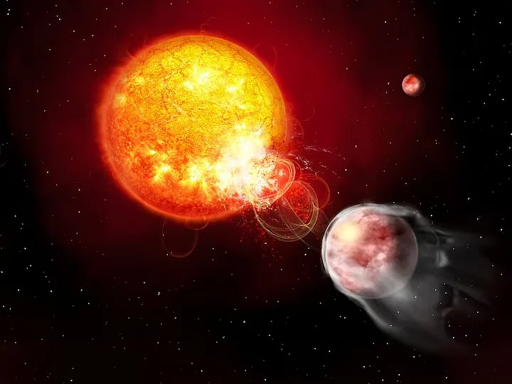 The star HIP 67522 with a flare erupting toward an orbiting planet, HIP 67522 b, is depicted in this illustration released by the European Space Agency on July 2, 2025. A second planet, HIP 67522 c, is shown in the background.