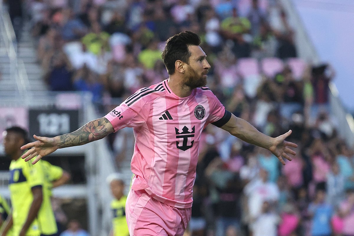 Lionel Messi #10 of Inter Miami CF celebrates after scoring the team's first goal during the MLS match between Inter Miami CF and Nashville SC at Chase Stadium on 12 July, 2025 in Fort Lauderdale, Florida.