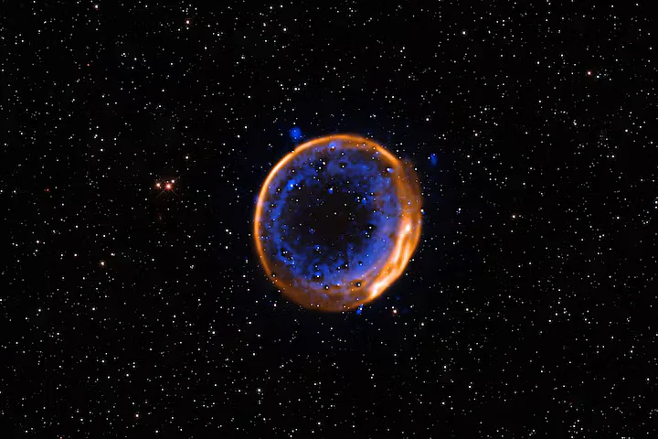 The supernova remnant SNR 0509-67.5 is seen in an undated image from the European Southern Observatory’s Very Large Telescope
The supernova remnant SNR 0509-67.5 view from the European Southern Observatory's Very Large Telescope, the expanding remains of a star that exploded hundreds of years ago in a double-detonation – the first photographic evidence that stars can die with two blasts, as seen in this undated handout picture obtained by Reuters on 2 July, 2025.