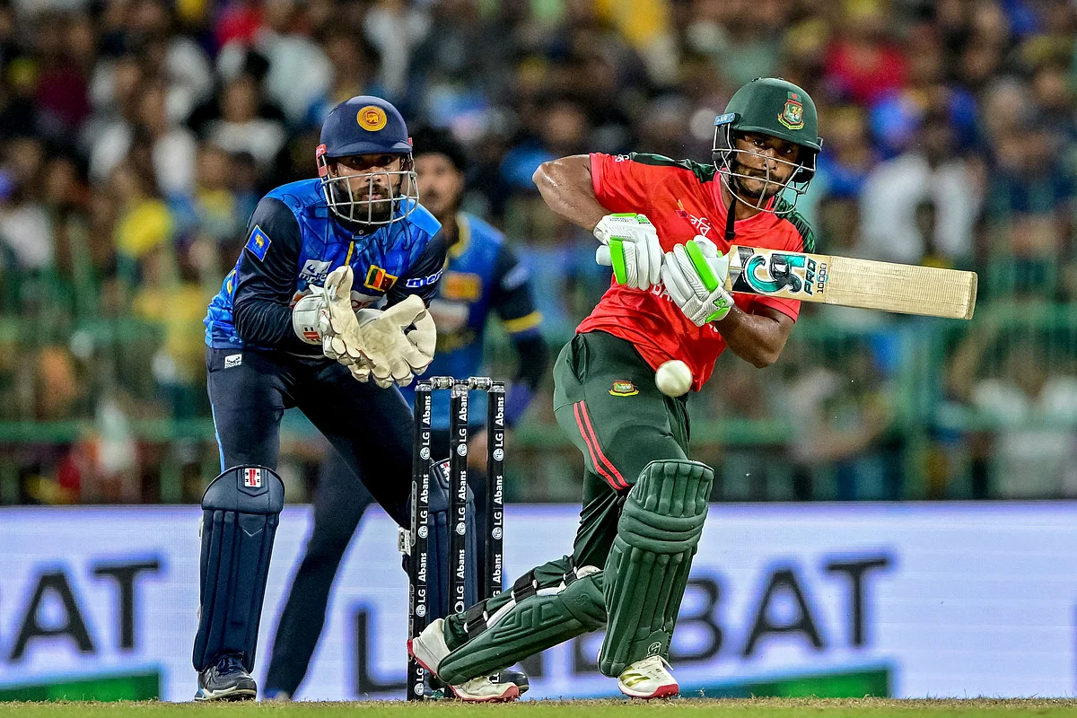 Bangladesh's Tanzid Hasan (R) plays a shot during the third and final Twenty20 international cricket match between Sri Lanka and Bangladesh at the R. Premadasa International Cricket Stadium in Colombo on July 16, 2025