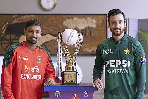 Bangladesh captain Litton das and Pakistan captain Salman Agha unveils the trophy of a three match  T20 series in Dhaka on 19 July 2025.