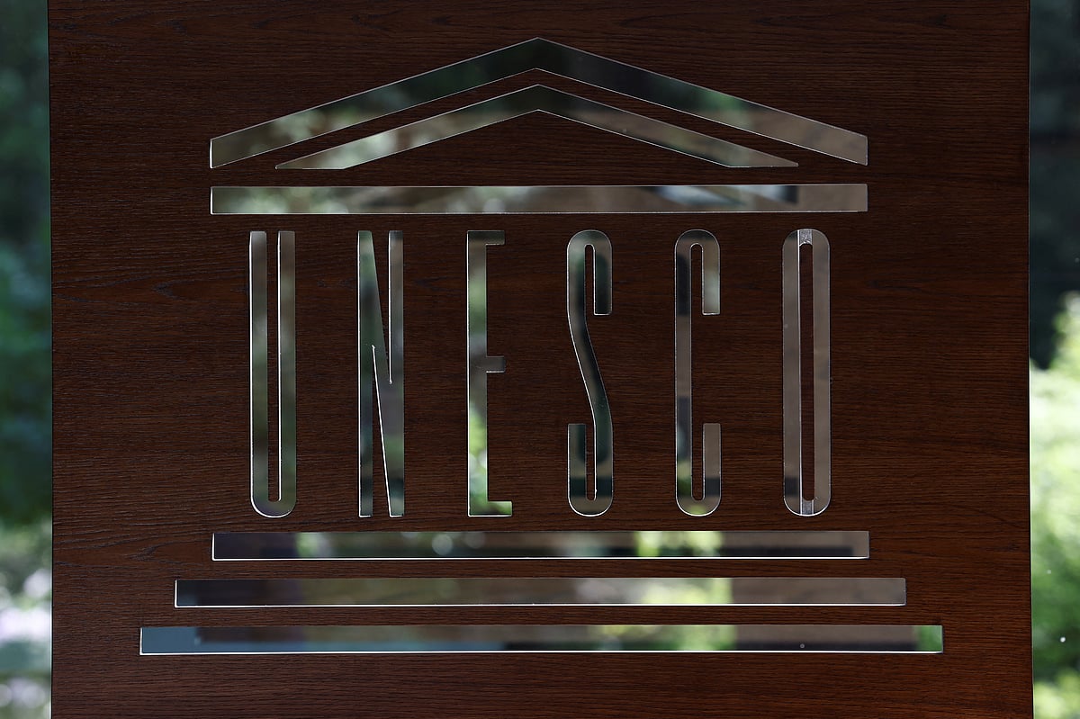 A UNESCO logo is seen at the UNESCO headquarters in Paris, France, 29 May 2023.