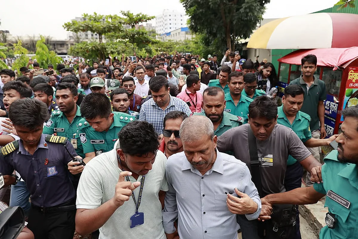 Law Adviser Asif Nazrul in front of the Milestone School and College as student protest continues. Photo taken in the morning of 22 July 2025.