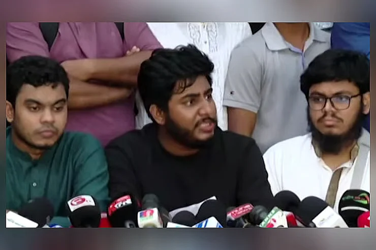 Anti-Discrimination Student Movement president Rifat Rashid briefs the media in Dhaka on 27 July 2025. 