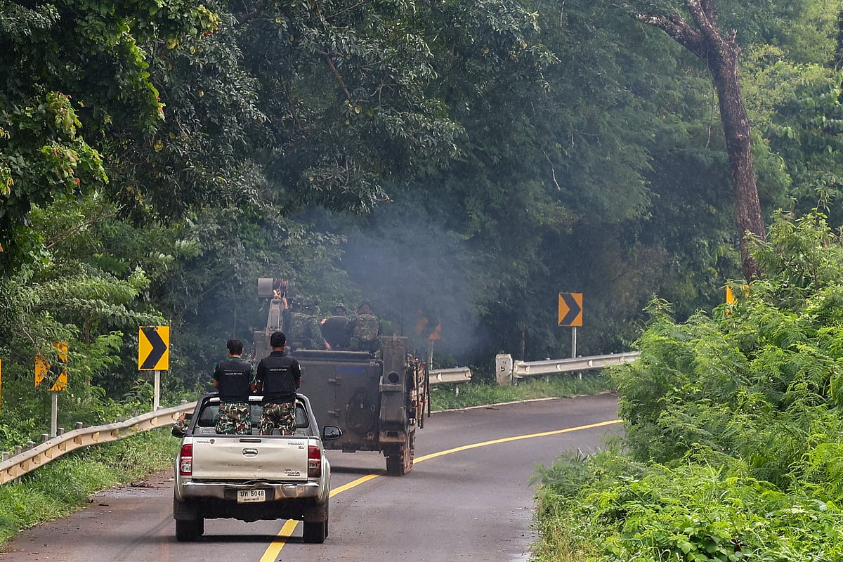 Military vehicles are seen in Sisaket province, as Cambodia and Thailand each said the other had launched artillery attacks across contested border areas early on Sunday, hours after US President Donald Trump said the leaders of both countries had agreed to work on a ceasefire, Thailand, 27 July 2025.