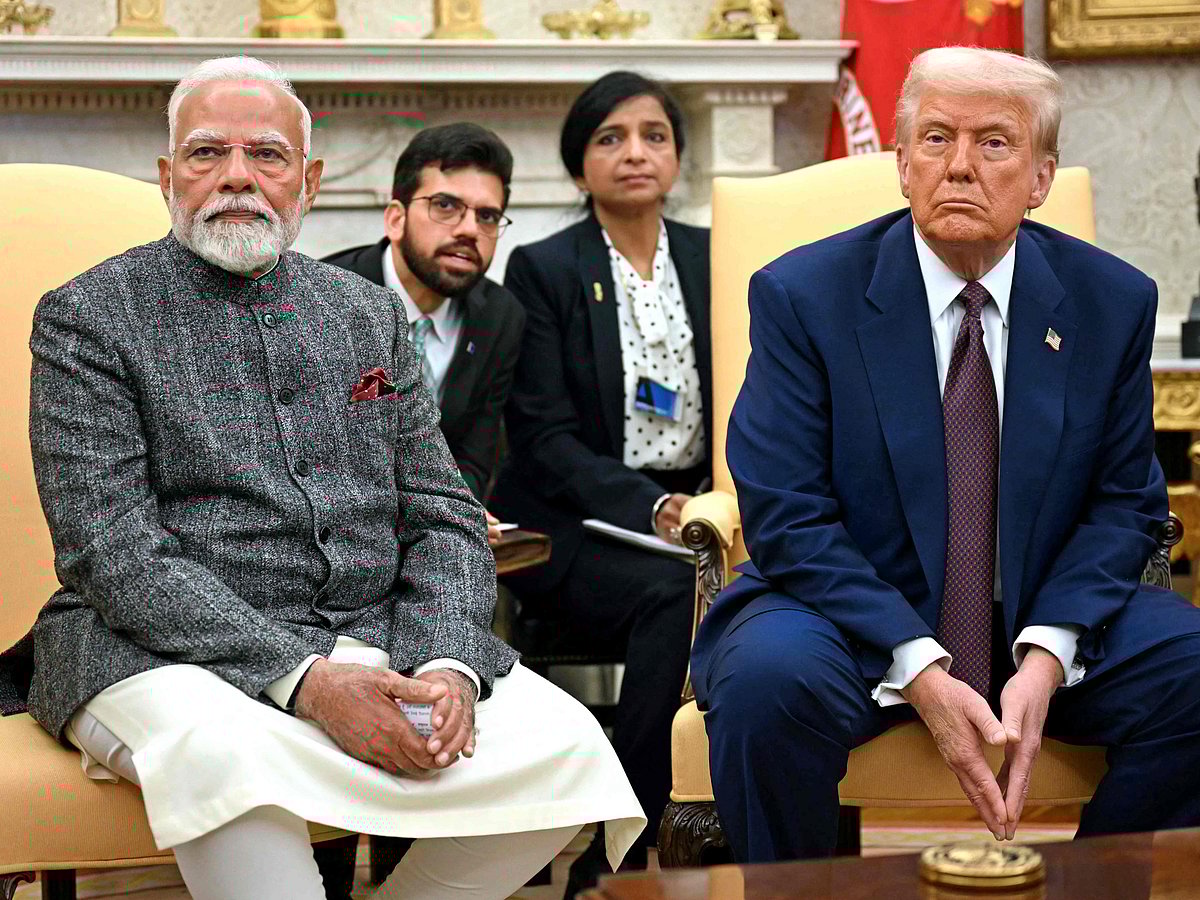 US President Donald Trump speaks with the press as he meets with Indian Prime Minister Narendra Modi in the Oval Office of the White House in Washington, DC, on 13 February 2025.