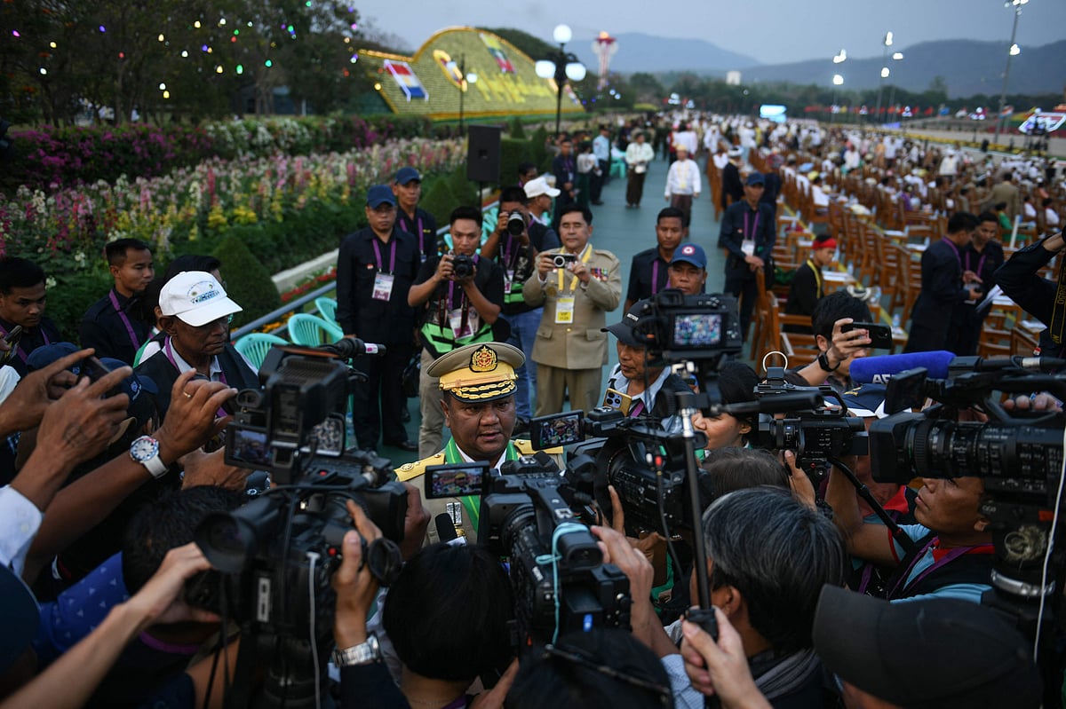 Myanmar's junta spokesperson Zaw Min Tun speaks to the media during a ceremony to mark the country's Armed Forces Day in Naypyidaw on 27 March, 2025. Myanmar's junta ended the country's state of emergency on 31 July, 2025, ramping up preparations for a December election being boycotted by opposition groups and criticised by international monitors.