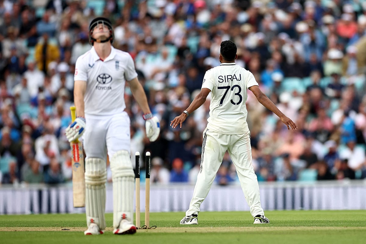 India's Mohammed Siraj celebrates taking the wicket of England's Harry Brook on day two of the fifth Test cricket match between England and India at The Oval in London on 1 August, 2025.