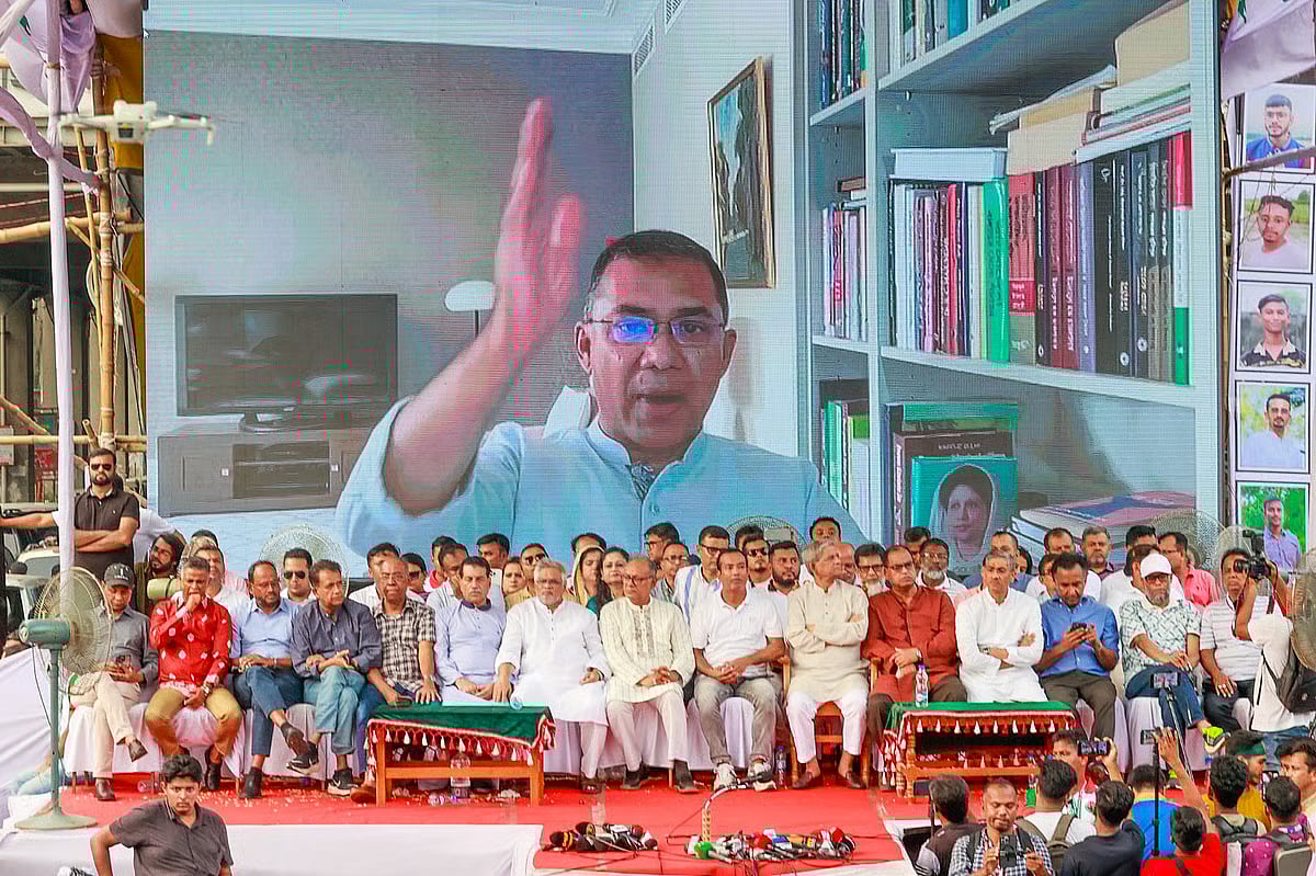 BNP acting chairman Tarique Rahman on 3 August 2025 addresses a JCD rally at Shahbagh in Dhaka, marking the anniversary of the historic July-August mass uprising