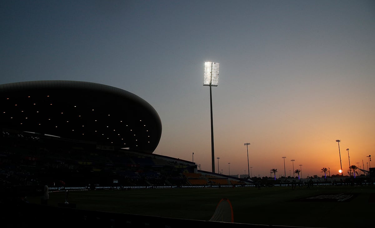 General view of the Sheikh Zayed Cricket Stadium, Abu Dhabi, as the sun sets before play, 3 November 2021.