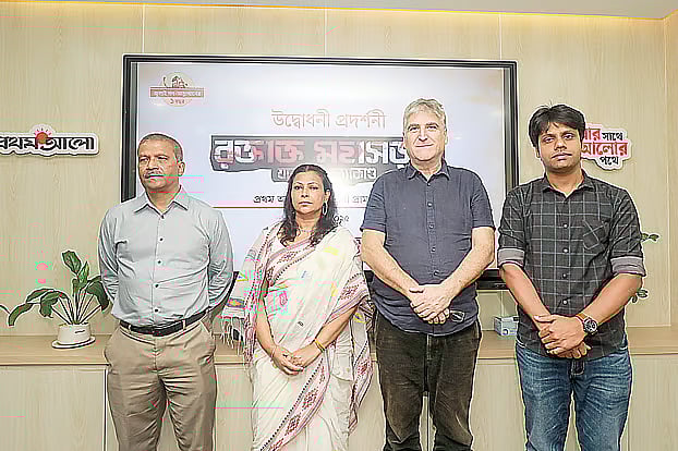 (From L-R) Law adviser Asif Nazrul, Dhaka University accounting department associate professor Moshahida Sultana, journalist David Bergman and Prothom Alo senior content creator Abdullah Al Hossain at the screening of Prothom Alo documentary titled "Highway of Death: Jatrabari Killings" at Prothom Alo office on 5 August 2025
