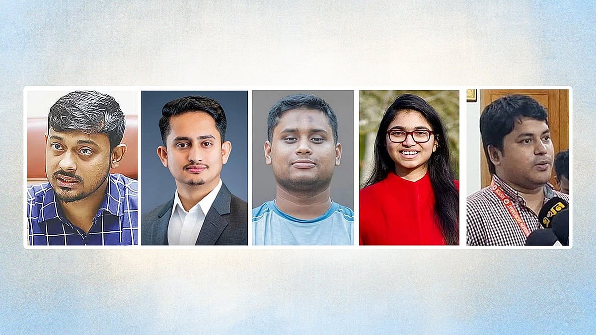 (From left) NCP's Chief Coordinator Nasiruddin Patwari, Chief Organiser (Northern Region) Sarjis Alam, Chief Organiser (Southern Region) Hasnat Abdullah, Senior Joint Member Secretary Tasnim Jarah, and Tasnim Jarah’s husband and NCP’s Joint Convenor Khaled Saifullah.