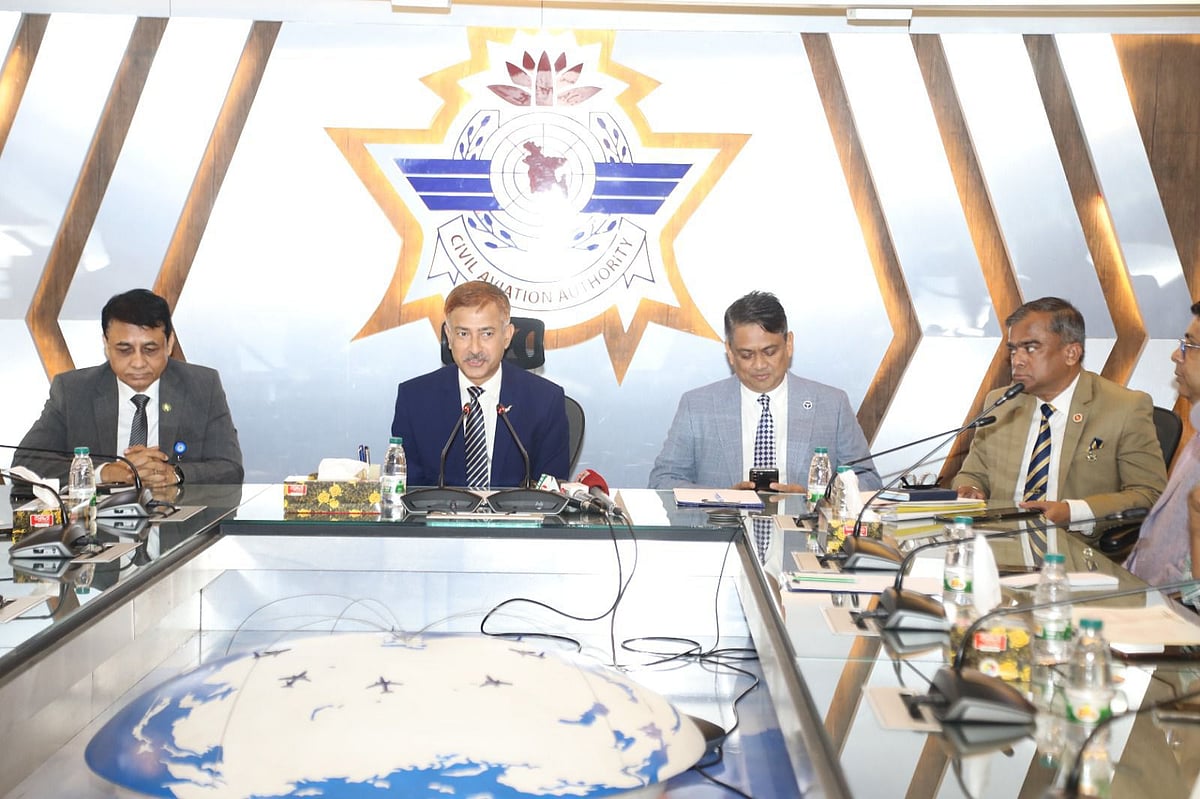 Air Vice Marshal Md Mostafa Mahmood Siddiq, chairman of Civil Aviation Authority of Bangladesh (CAAB) speaks at a press conference on 7 August 2025.