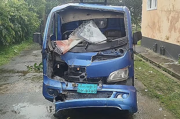 Police have seized the pickup van involved in the accident. The photo was taken this morning at Dhanbari Police Station in Tangail
