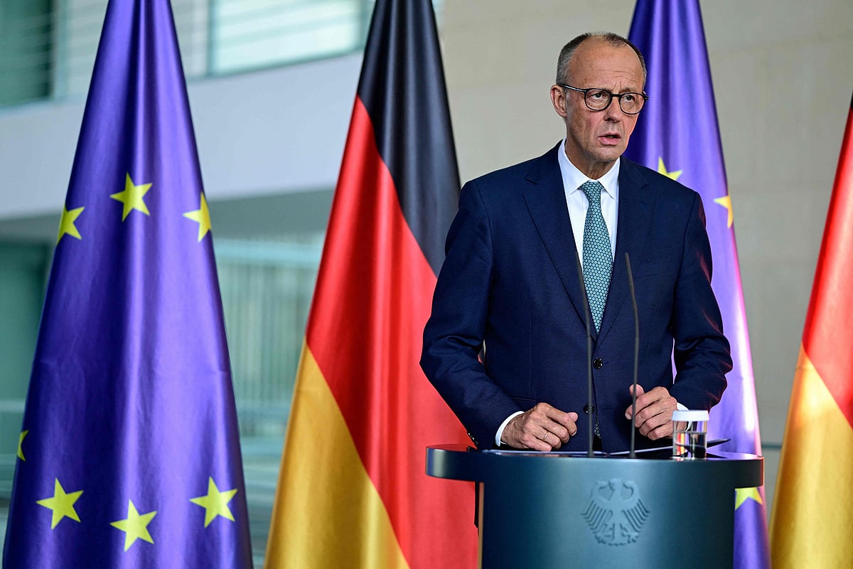 German Chancellor Friedrich Merz makes a statement to journalists following a meeting of the security Cabinet of the German government at the Chancellery in Berlin on 28 July, 2025. Germany will halt the export of military equipment to Israel which could be used in the Gaza Strip, Chancellor Friedrich Merz said on 8 August, 2025, reacting to Israel's plan to take control of Gaza City.