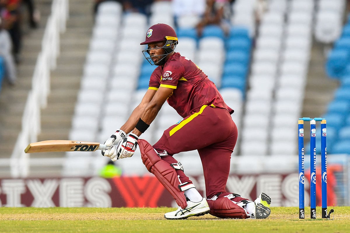 Roston Chase of West Indies hits 4 during the second One Day International (ODI) cricket match between West Indies and Pakistan at Brian Lara Cricket Academy in Tarouba, San Fernando, Trinidad and Tobago on August 10, 2025