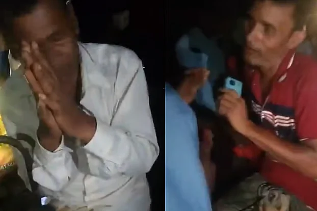 Moments before the mob beating, Pradip Lal (left) is seen pleading for his life with folded hands in Taraganj of Rangpur. On the right, Ruplal is seen stating his identity.
