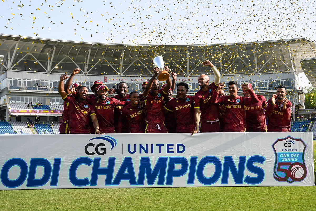 West Indies team celebrate with the trophy after winning the third and final One Day International (ODI) cricket match between West Indies and Pakistan at Brian Lara Cricket Academy in Tarouba, San Fernando, Trinidad and Tobago on 12 August, 2025