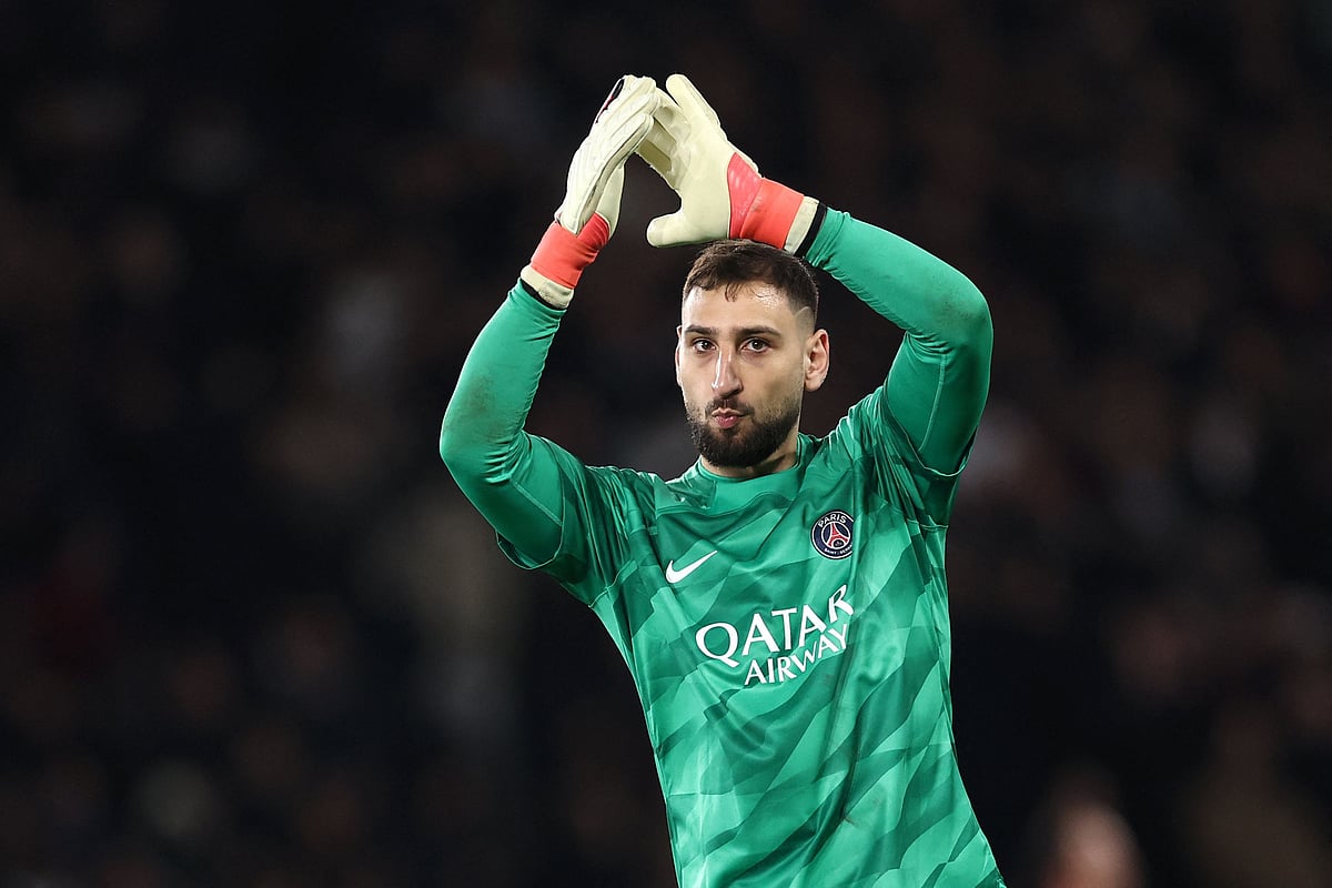 Paris Saint-Germain's Italian goalkeeper #99 Gianluigi Donnarumma celebrates the victory at the end of the UEFA Champions League round of 16 first leg football match between Paris Saint-Germain (PSG) and Real Sociedad at the Parc des Princes Stadium in Paris, on 14 February, 2024