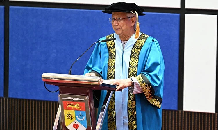 Chief Adviser Professor Muhammad Yunus speaks at a special convocation ceremony of Universiti Kebangsaan Malaysia (UKM) on 13 August 2025