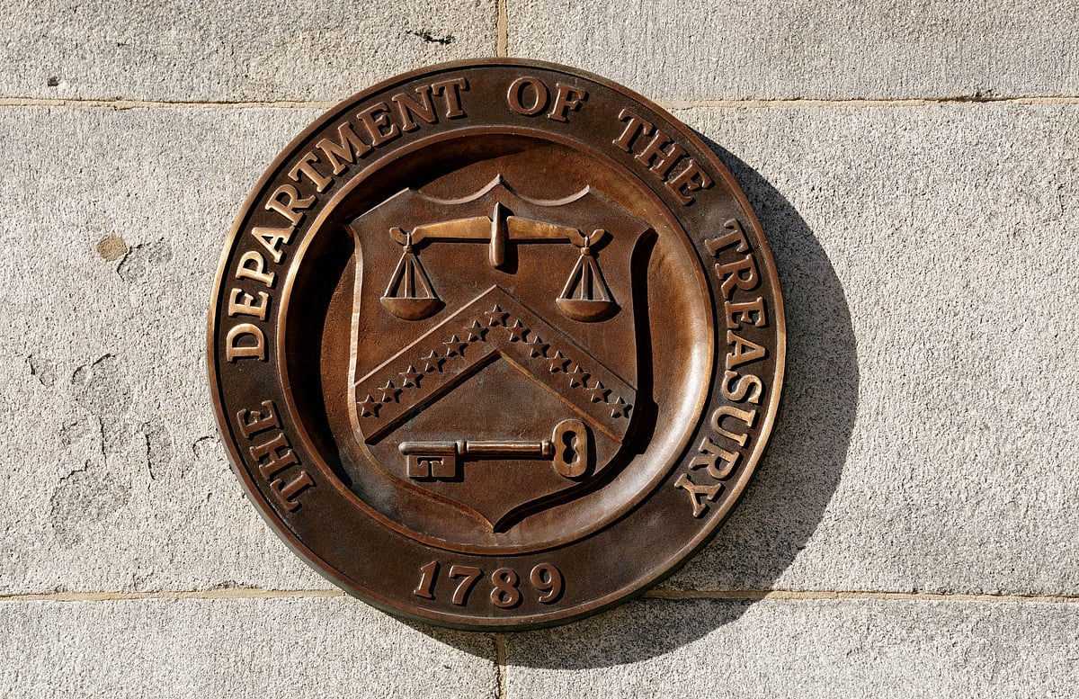 A bronze seal for the Department of the Treasury is shown at the U.S. Treasury building in Washington, US, 20 January 2023.