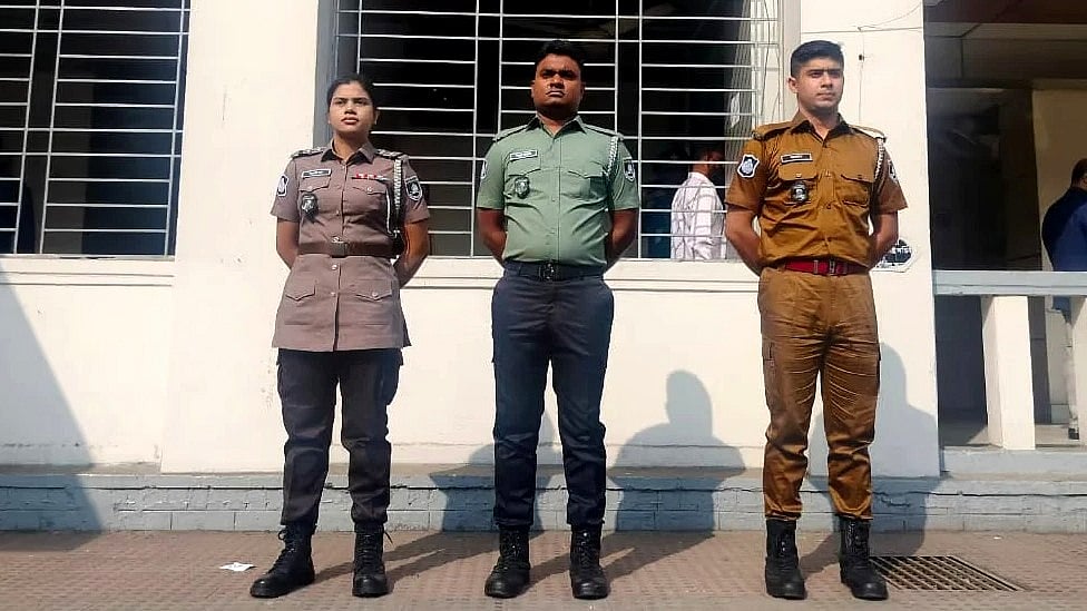 (L-R) Photo shows three people wearing new uniforms of police, RAB and Ansar