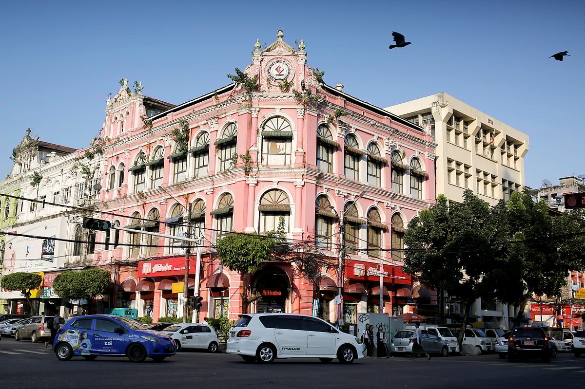 A picture shows a general view of a colonial building located at the corner of Pansodan road and Maha Bandula road in Yangon, Myanmar, 25 November 2019.