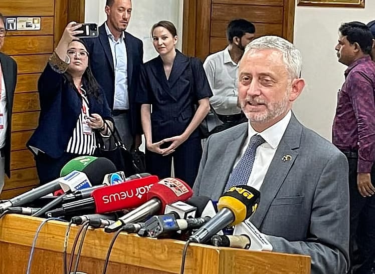 Michael Miller, Ambassador and Head of the European Union (EU) delegation to Bangladesh, briefs journalists after meeting CEC on 19 August