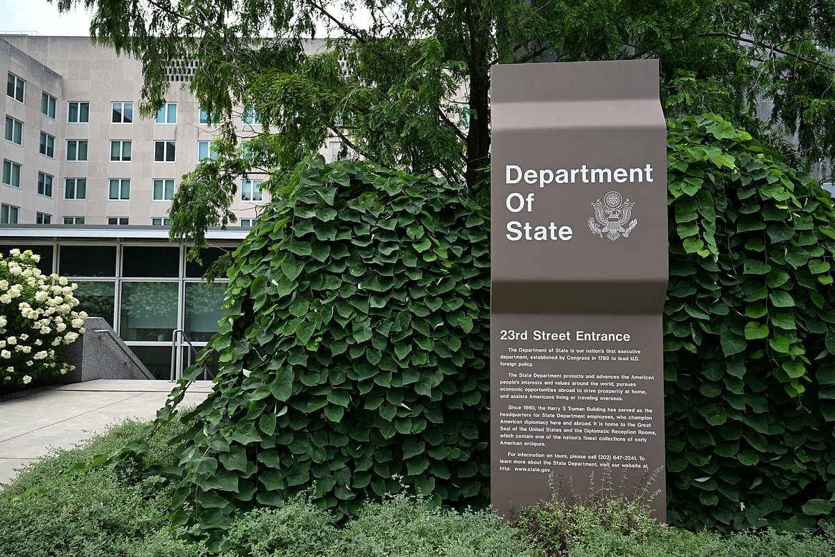 A general view of a US State Department sign outside the US State Department building in Washington, DC, US on July 11, 2025.