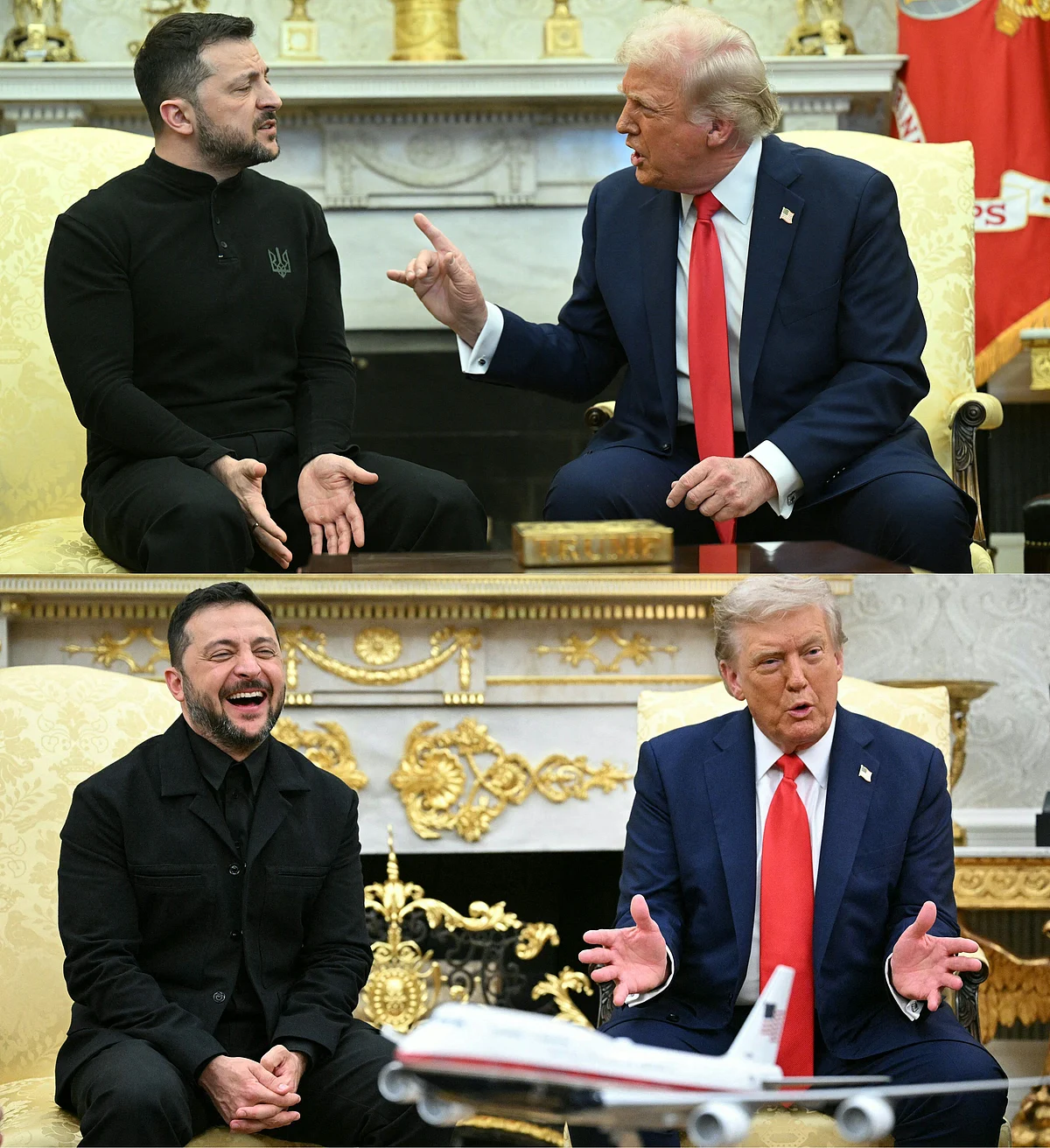 This combination of pictures created on August 19, 2025 shows (Top) President Donald Trump and Ukraine's President Volodymyr Zelensky meeting in the Oval Office of the White House in Washington, DC on 28 February, 2025 and (bottom) Ukrainian President Volodymyr Zelensky and US President Donald Trump meeting in the Oval Office of the White House in Washington, DC on 18 August, 2025
