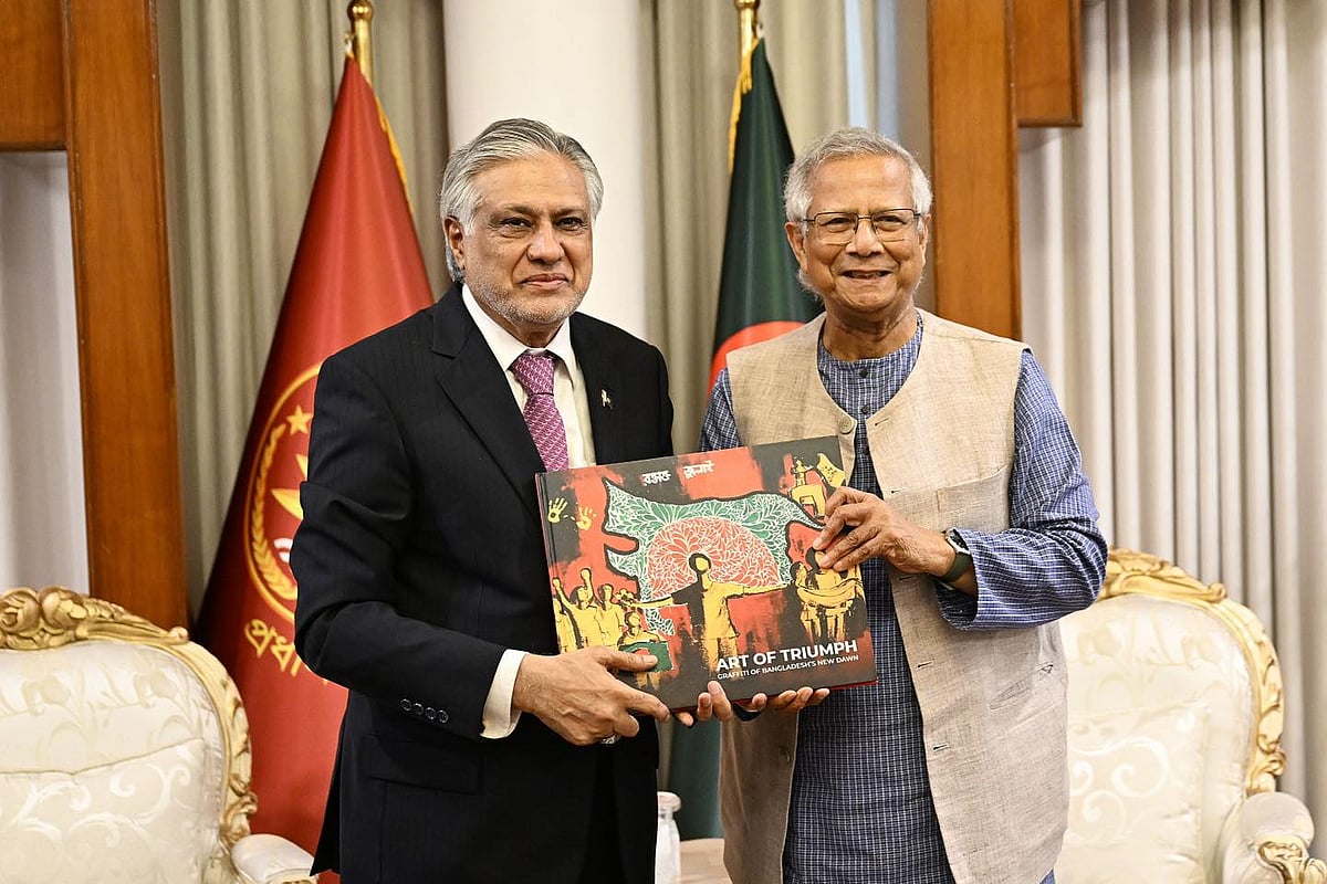 Pakistan's deputy prime minister and foreign minister, senator Mohammad Ishaq Dar, paid a courtesy call on chief adviser professor Muhammad Yunus at the state guest house Jamuna in Dhaka on Monday