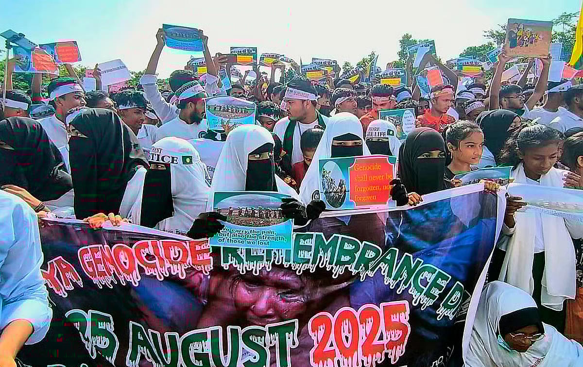 Thousands of Rohingya people participate in a rally on the occasion of ‘Rohingya Genocide Day’ on the football ground of the Kutupalong Modhur Chara refugee camp in Ukhiya, Cox’s Bazar on 25 August 2025.