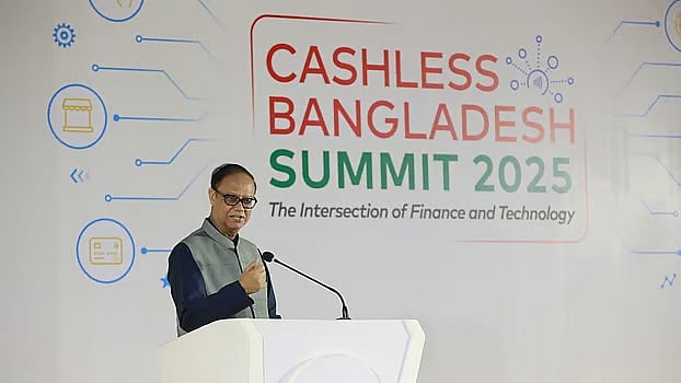 Bangladesh Bank governor Ahsan H Mansur speaking as chief guest at the 'Cashless Bangladesh Summit 2025' jointly organised by ICMAB and Mastercard at Hotel Sonargaon in Dhaka on Wednesday.