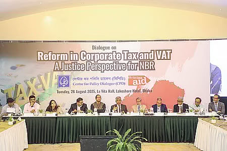 NBR Chairman Abdur Rahman Khan and invited guests present at the dialogue on tax and VAT reforms organised by CPD. At a hotel in Gulshan.