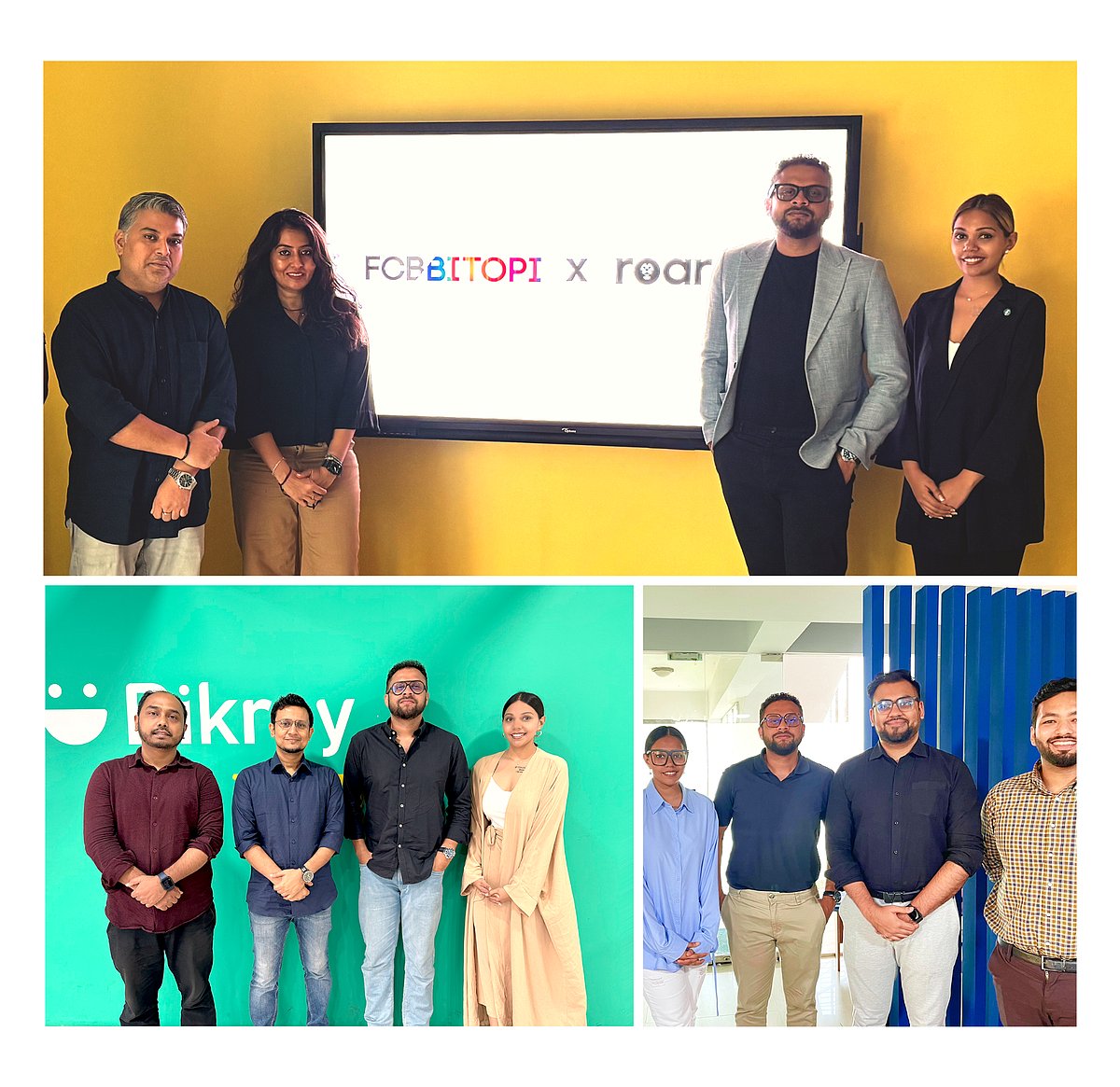Roar Global’s recent collaborations and partnerships between leading agencies and clients in the region - The top image shows executives from FCB|Bitopi (left) and Roar Global (right) marking their new strategic partnership. The bottom row features teams from Bikroy and Webable, celebrating their respective projects and partnerships with Roar Global.