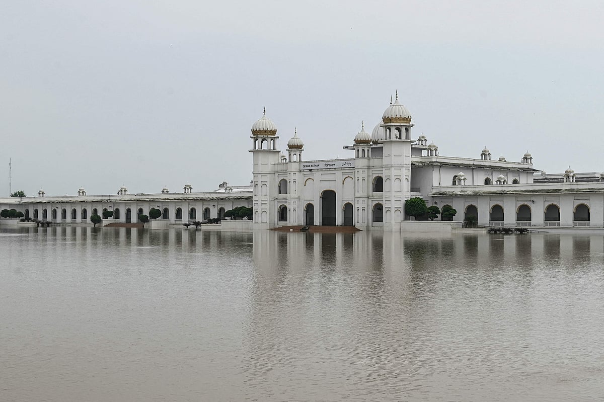 A general view shows the Kartarpur Sahib Corridor complex partially submerged in floodwaters near the Pakistan-India border in Kartarpur on 28 August 2025.