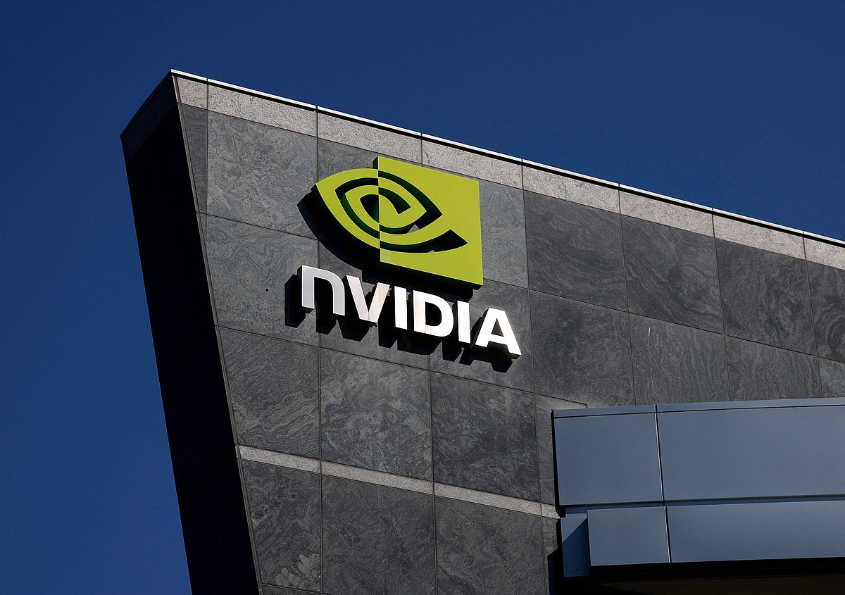 The Nvidia logo is displayed on a building at Nvidia headquarters on 27 August 2025 in Santa Clara, California.