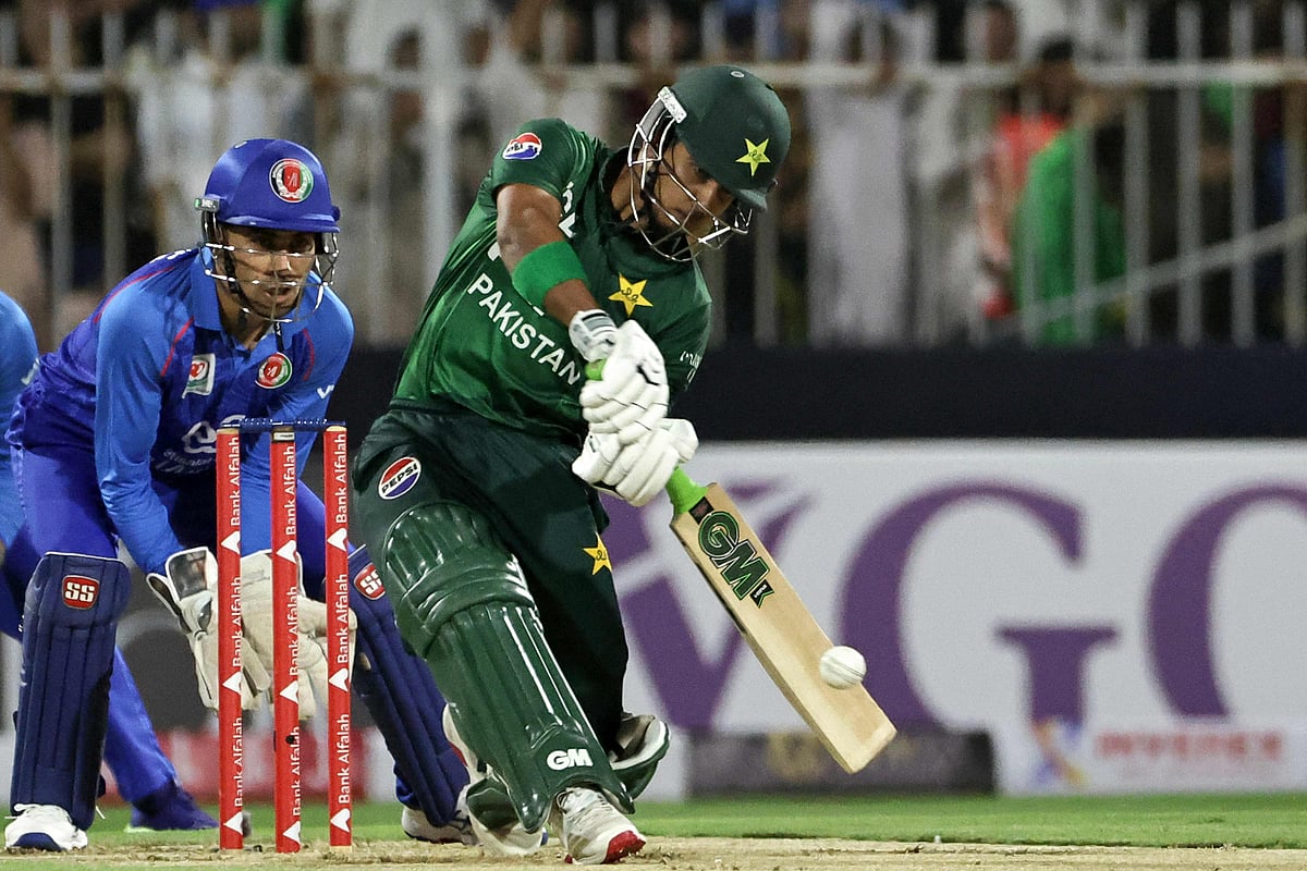 Pakistan's Saim Ayub plays a shot during the UAE Tri-Series match between Afghanistan and Pakistan in Sharjah on 29 August 2025.