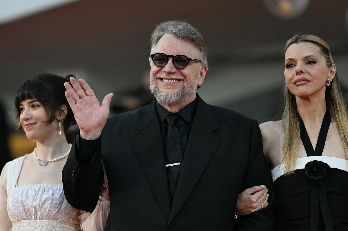 Mexican director and producer Guillermo Del Toro and guests attend the red carpet for the movie "Frankenstein" presented in competition at the 82nd International Venice Film Festival, at Venice Lido on 30 August, 2025.