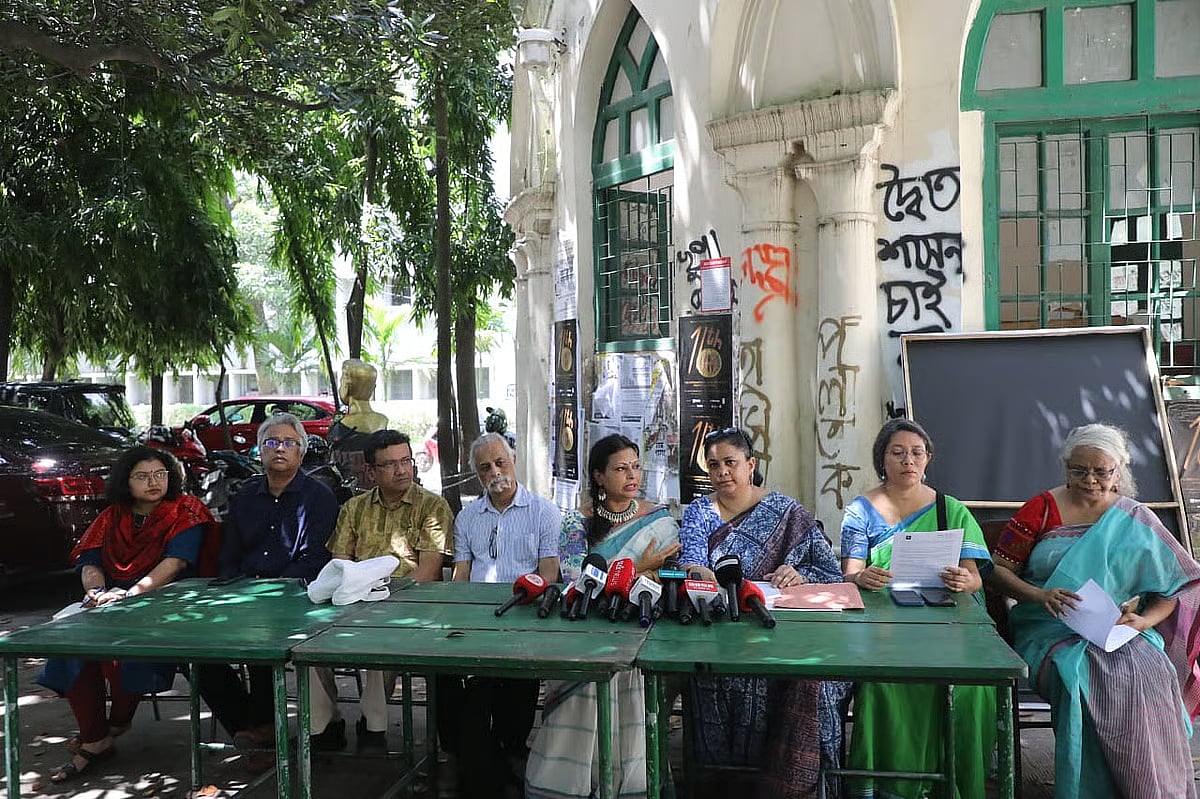 University Teachers’ Network members at a press conference in front of the Madhur Canteen on Dhaka University on 2 September 2025