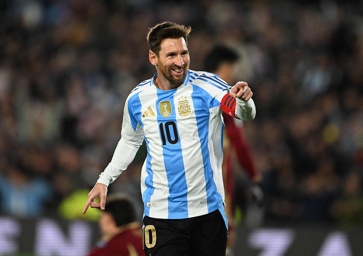 Argentina's forward #10 Lionel Messi celebrates after scoring his second goal during the 2026 FIFA World Cup South American qualifiers football match between Argentina and Venezuela at the Mas Monumental stadium in Buenos Aires on 4 September, 2025.