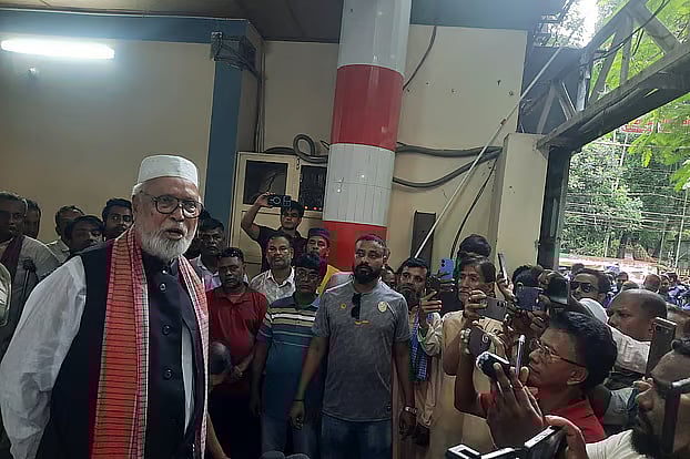 Bangladesh Krishak Sramik Janata League president Bangabir Kader Siddiqui addresses a protest rally held in front of his house on the Kabi Nazrul Sarani in Tangail on 8 September 2025