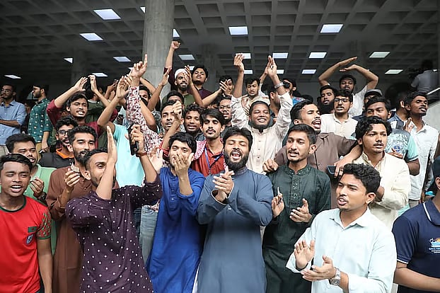 Students seen celebrating after the voting period ended in the DUCSU election  in front of the Senate Building polling centre.