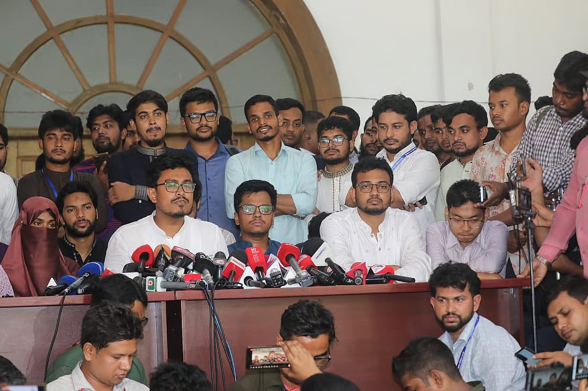Shadik Kayem, vice-president candidate of the Chhatra Shibir-backed panel, and General Secretary (GS) candidate SM Farhad reacted at a press conference at the Senate Building of Dhaka University.