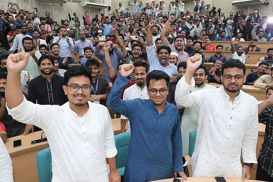 (From L-R) Islami Chhatra Shibir leaders Shadik Kayem, SM Farhad and Md Mohiuddin are elected as VP, GS and AGS in the DUCSU Election. The three student leaders are exhilarated during the announcement of the official results at Senate Bhaban, Dhaka University on 10 September 2025