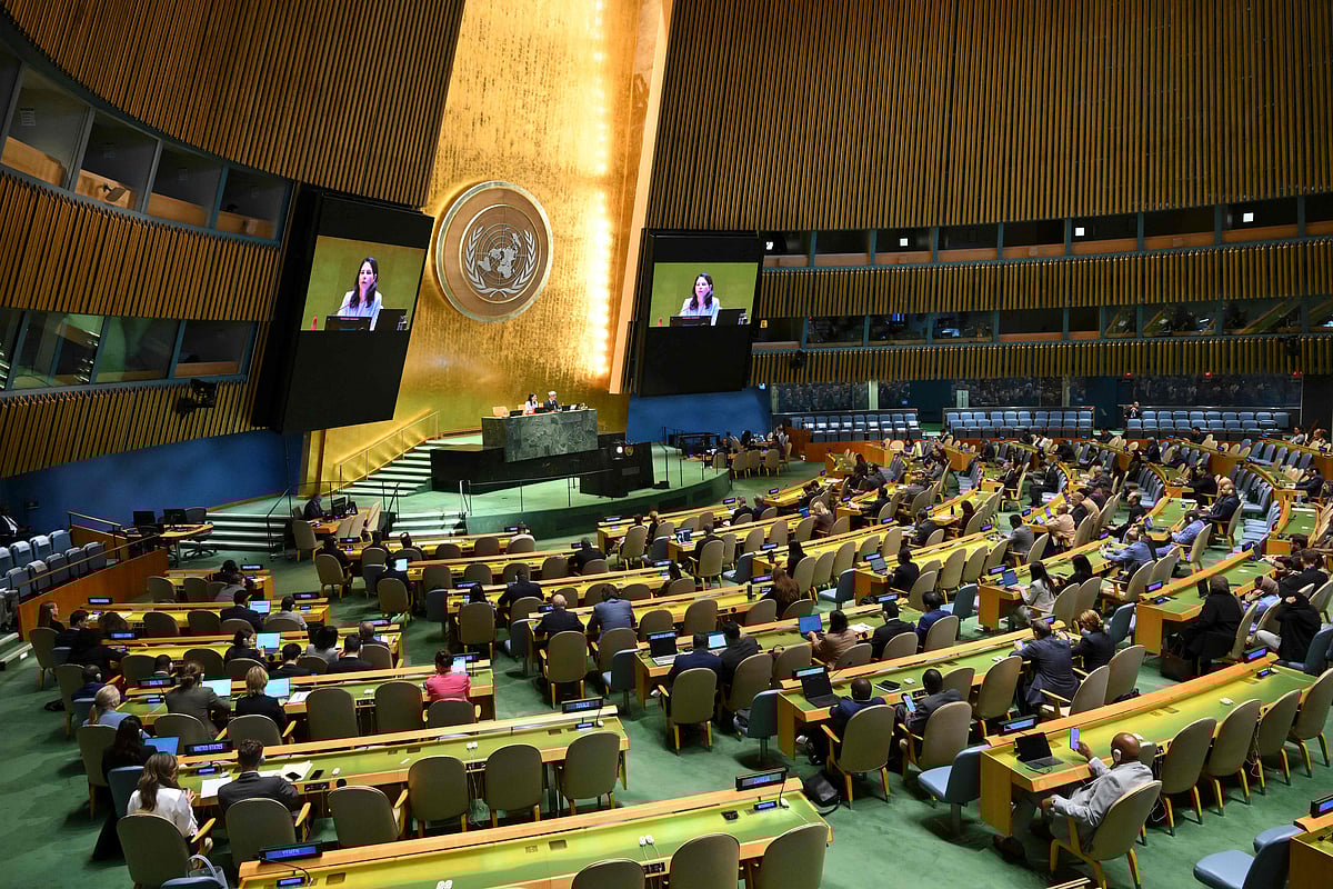 Former German Foreign Minister and President of the 80th session of the United Nations General Assembly Annalena Baerbock speaks during a General Assembly meeting to vote on two states solution to the Palestinian question at United Nations headquarters (UN) on 12 September 2025 in New York City.