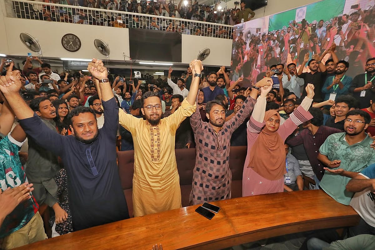 Elected leaders of Jahangirnagar University Central Students' Union (JUCSU) celebrates victory at Senate Building of the campus on 13 September