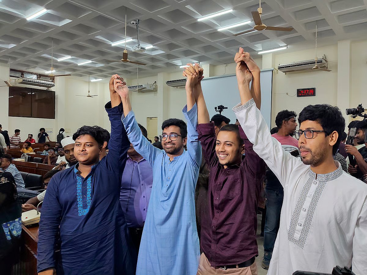 VP candidates of the panel nominated by Chhatra Dal and Chhatra Shibir, along with others, expressed their joy after being allotted ballot numbers in the RUCSU elections.